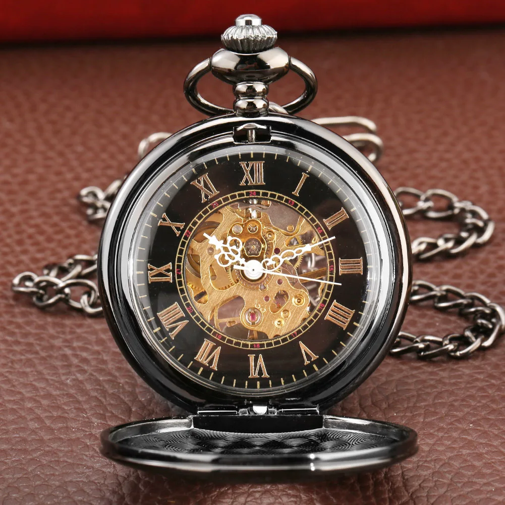 Vintage Luxury Black Metal Mechanical Pocket Watch Steampunk Watches Pin Chain Men Women Pendant Clock Gift With Gift Bag
