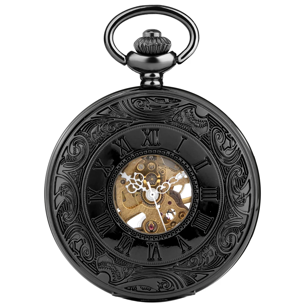 Vintage Luxury Black Metal Mechanical Pocket Watch Steampunk Watches Pin Chain Men Women Pendant Clock Gift With Gift Bag