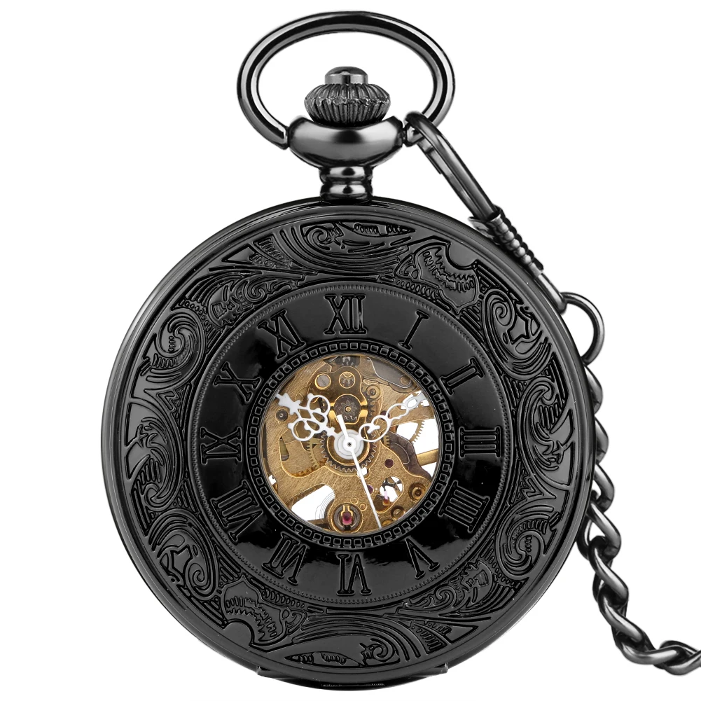 Vintage Luxury Black Metal Mechanical Pocket Watch Steampunk Watches Pin Chain Men Women Pendant Clock Gift With Gift Bag