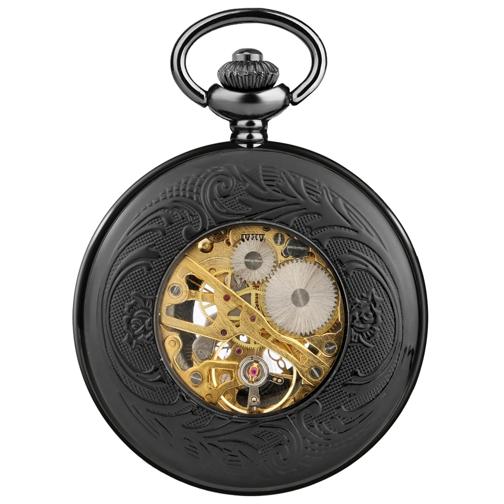 Vintage Luxury Black Metal Mechanical Pocket Watch Steampunk Watches Pin Chain Men Women Pendant Clock Gift With Gift Bag