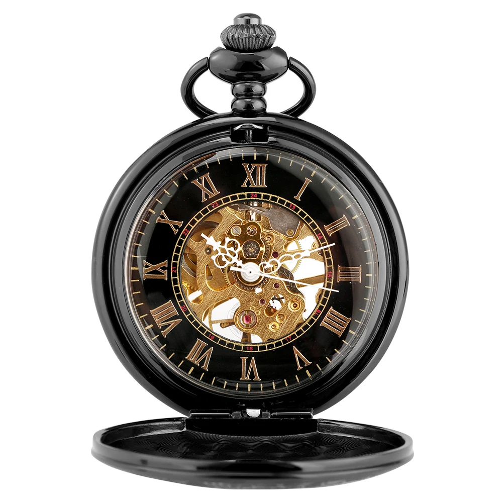 Vintage Luxury Black Metal Mechanical Pocket Watch Steampunk Watches Pin Chain Men Women Pendant Clock Gift With Gift Bag