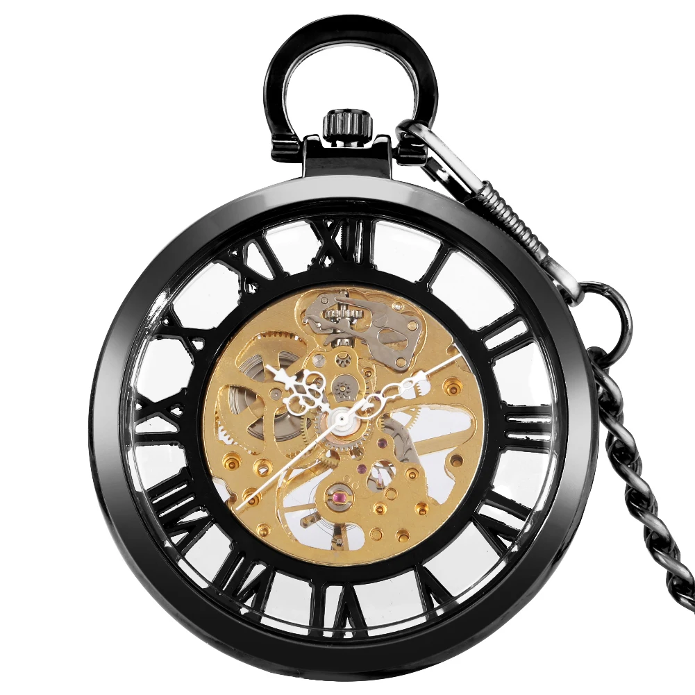 Classic Trendy Hand-winding Pocket Watch Steampunk Pendant Black Case Mechanical Clock Men Women Fob Chain Birthday Xmas Gift