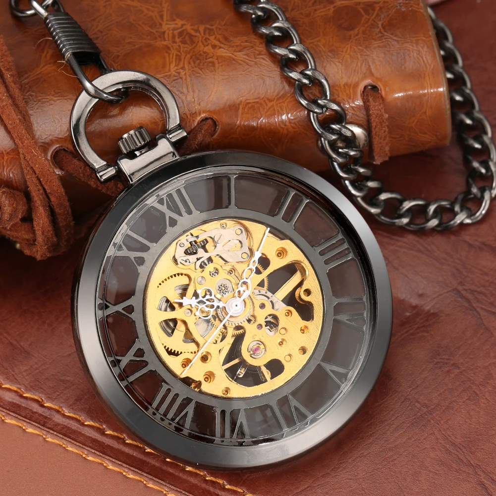 Classic Trendy Hand-winding Pocket Watch Steampunk Pendant Black Case Mechanical Clock Men Women Fob Chain Birthday Xmas Gift