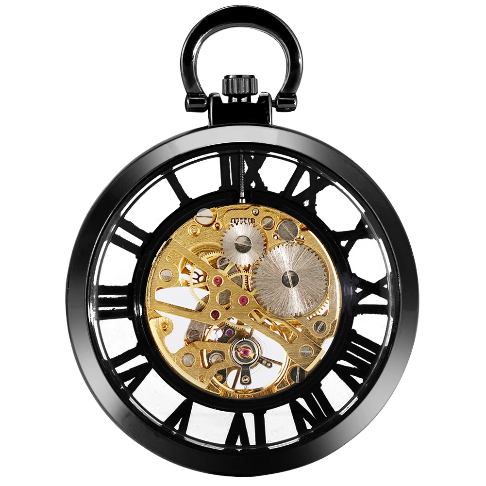 Classic Trendy Hand-winding Pocket Watch Steampunk Pendant Black Case Mechanical Clock Men Women Fob Chain Birthday Xmas Gift