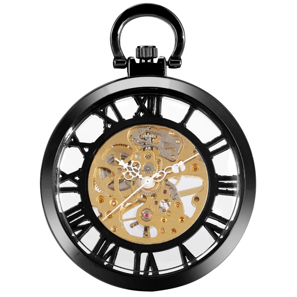 Classic Trendy Hand-winding Pocket Watch Steampunk Pendant Black Case Mechanical Clock Men Women Fob Chain Birthday Xmas Gift