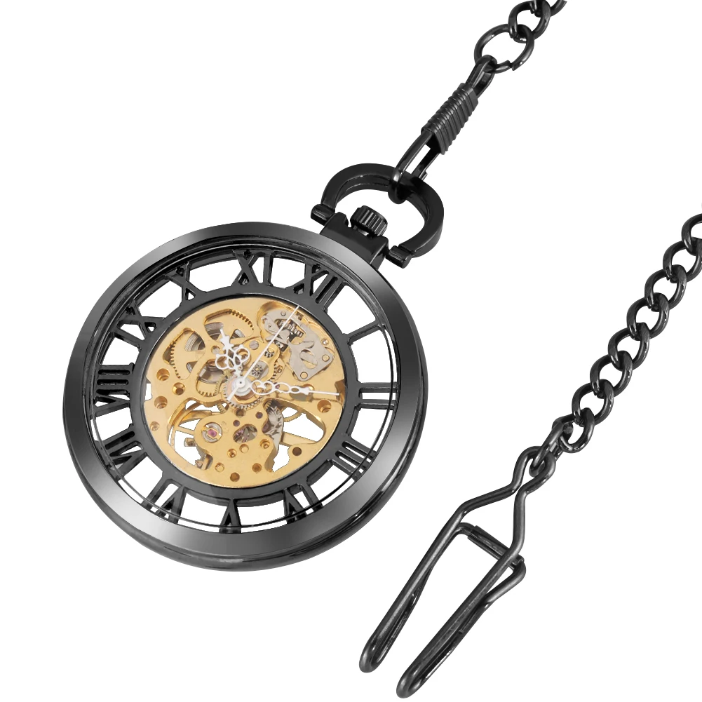 Classic Trendy Hand-winding Pocket Watch Steampunk Pendant Black Case Mechanical Clock Men Women Fob Chain Birthday Xmas Gift