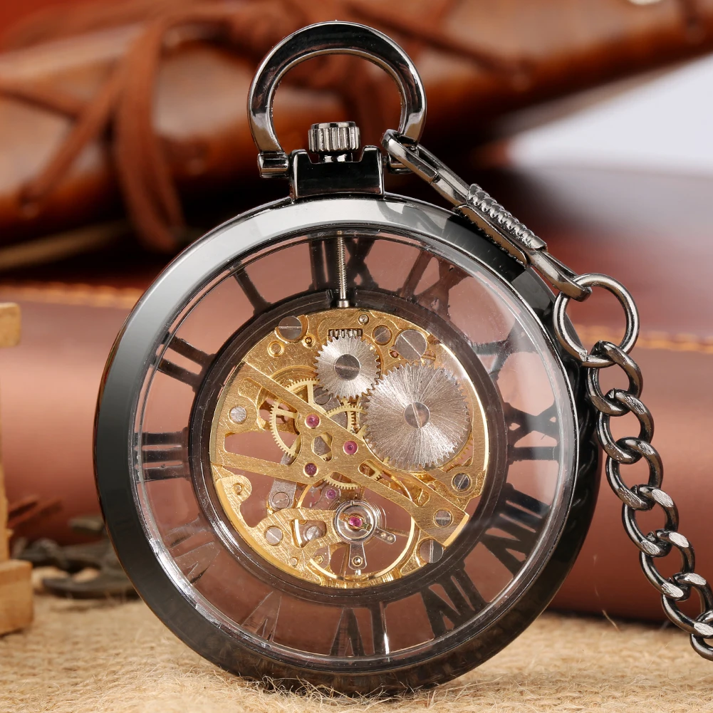 Classic Trendy Hand-winding Pocket Watch Steampunk Pendant Black Case Mechanical Clock Men Women Fob Chain Birthday Xmas Gift