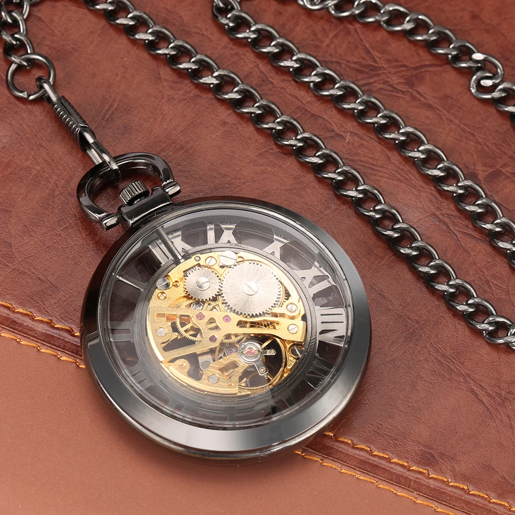 Classic Trendy Hand-winding Pocket Watch Steampunk Pendant Black Case Mechanical Clock Men Women Fob Chain Birthday Xmas Gift