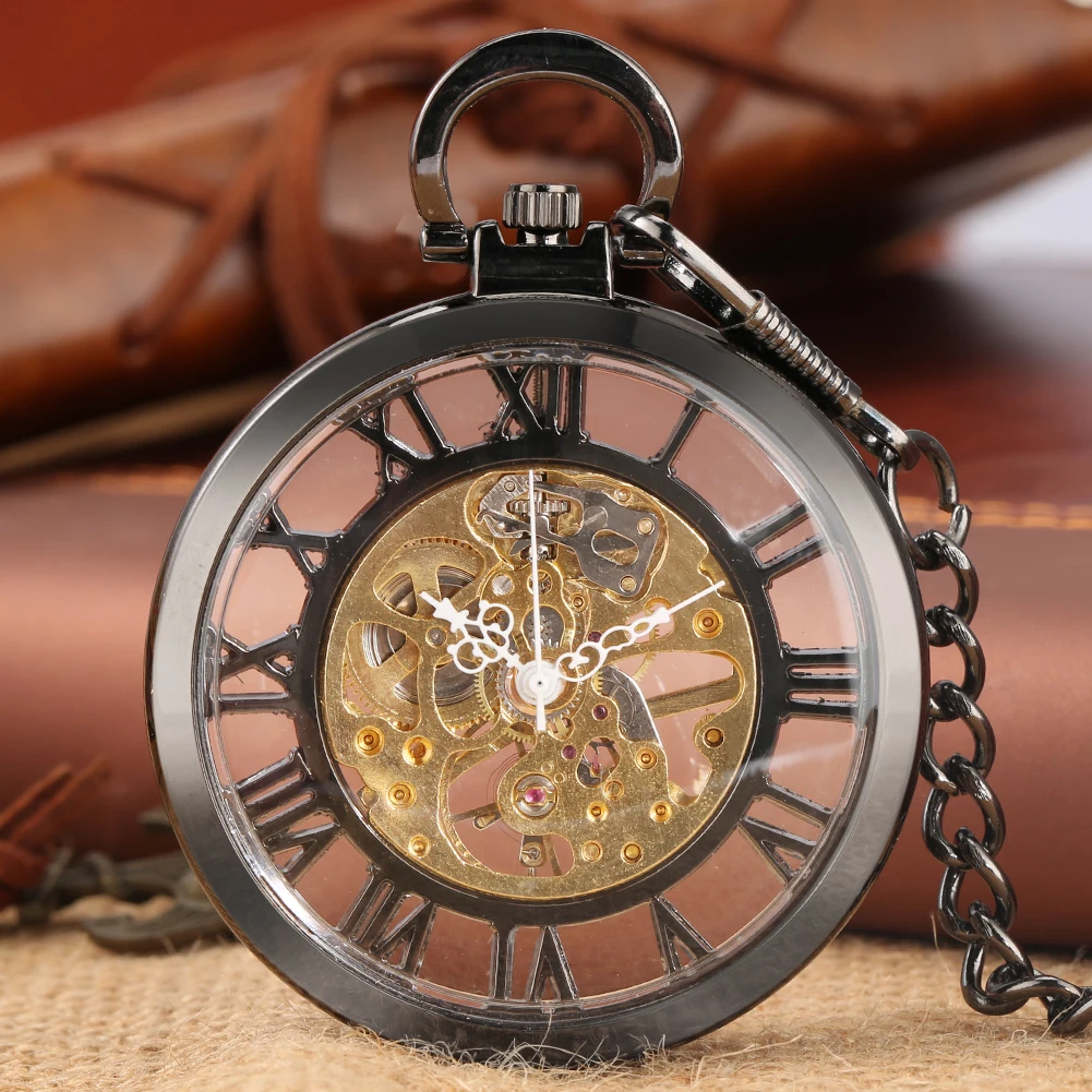 Classic Trendy Hand-winding Pocket Watch Steampunk Pendant Black Case Mechanical Clock Men Women Fob Chain Birthday Xmas Gift