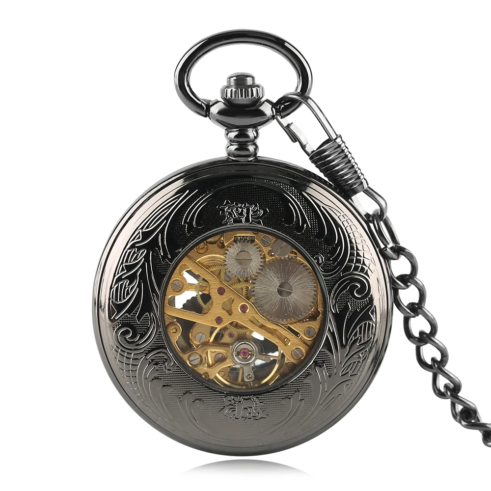 Red Copper Hollow Gearwheel Cover Hand Winding Mechaincal Pocket Watch With 30cm Chain Skeleton Dial Men Watches Clock Gifts