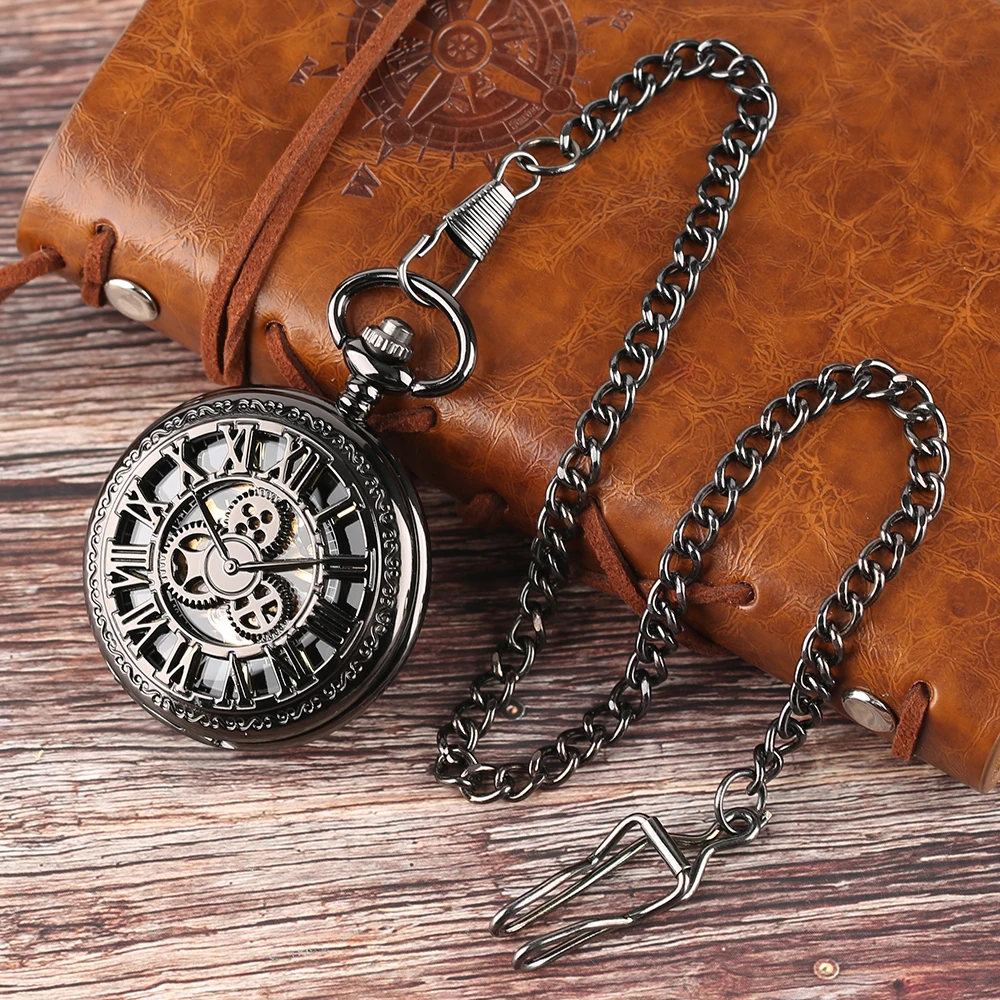 Red Copper Hollow Gearwheel Cover Hand Winding Mechaincal Pocket Watch With 30cm Chain Skeleton Dial Men Watches Clock Gifts