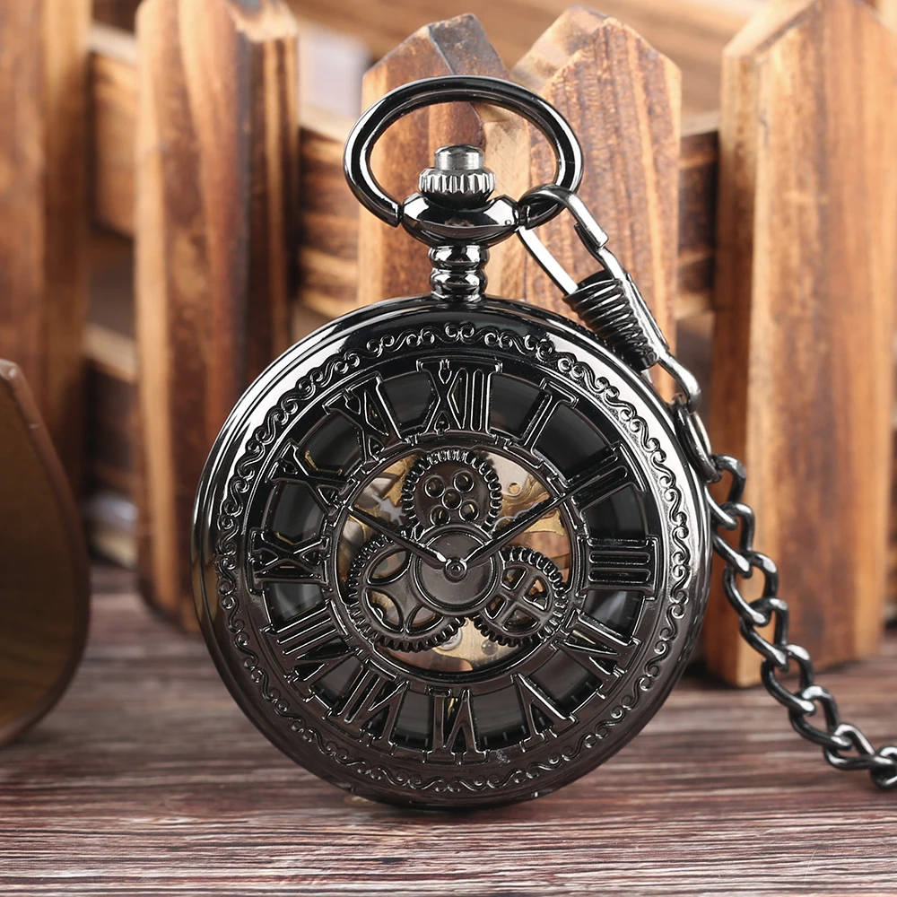 Red Copper Hollow Gearwheel Cover Hand Winding Mechaincal Pocket Watch With 30cm Chain Skeleton Dial Men Watches Clock Gifts