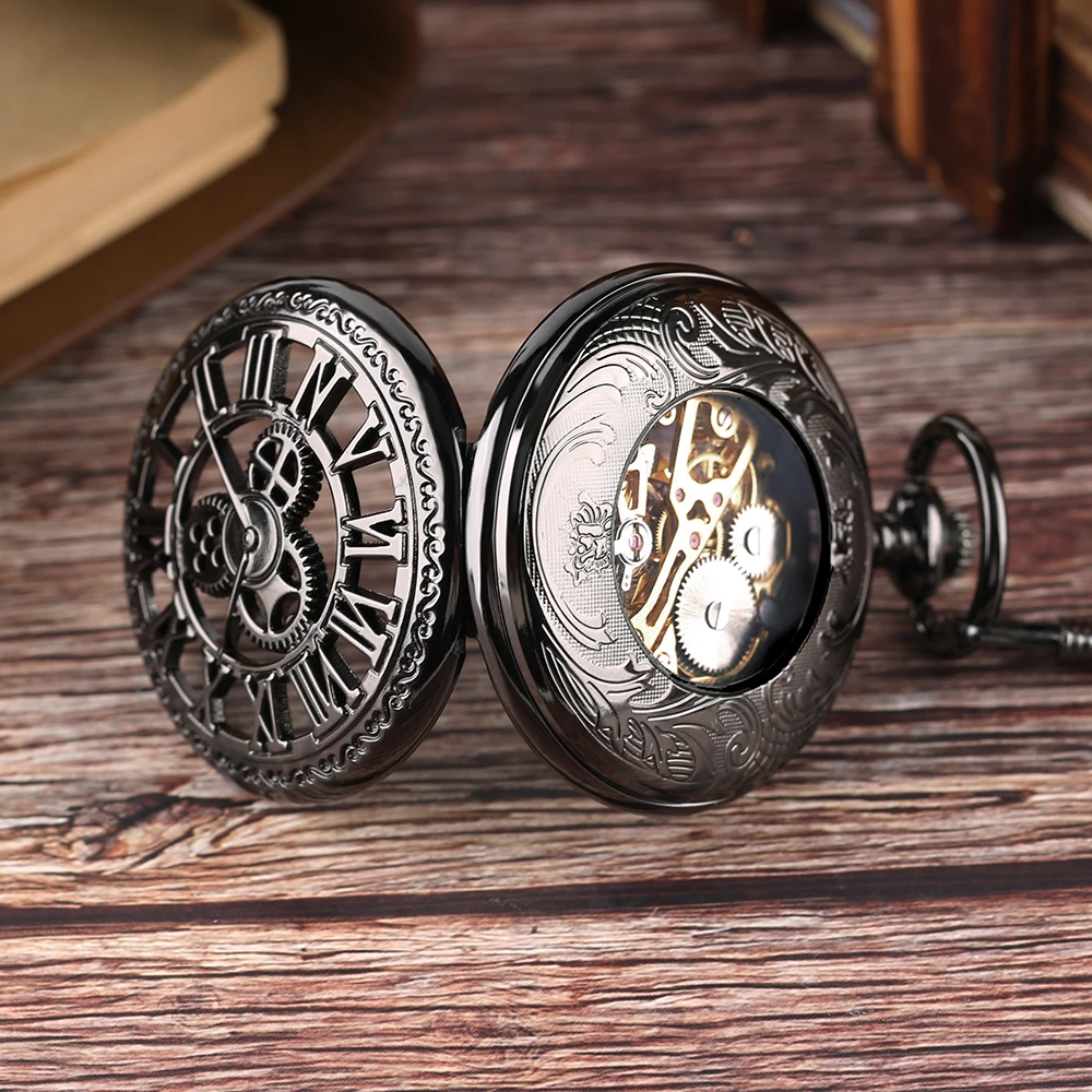 Red Copper Hollow Gearwheel Cover Hand Winding Mechaincal Pocket Watch With 30cm Chain Skeleton Dial Men Watches Clock Gifts