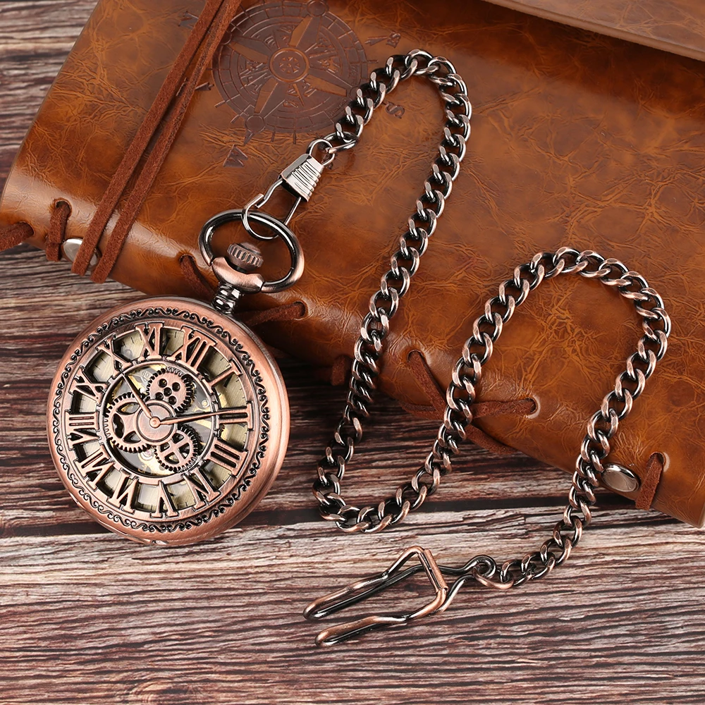 Red Copper Hollow Gearwheel Cover Hand Winding Mechaincal Pocket Watch With 30cm Chain Skeleton Dial Men Watches Clock Gifts