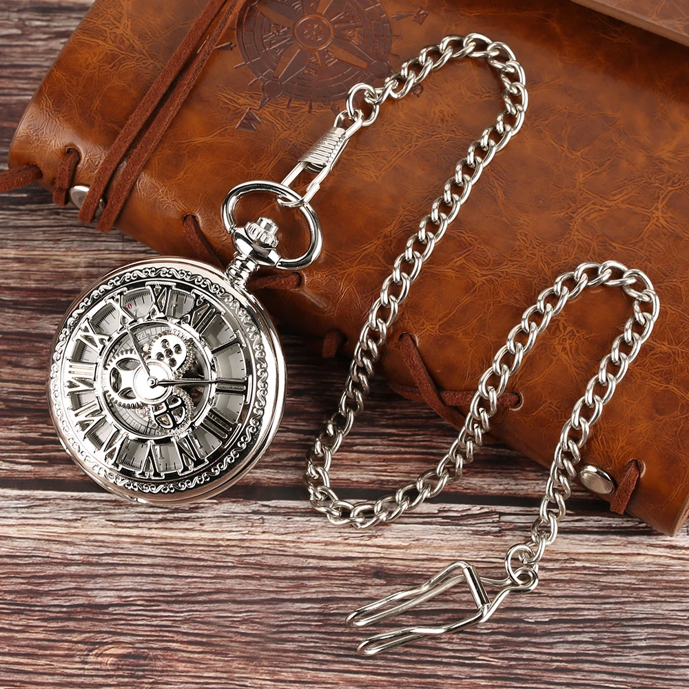 Red Copper Hollow Gearwheel Cover Hand Winding Mechaincal Pocket Watch With 30cm Chain Skeleton Dial Men Watches Clock Gifts