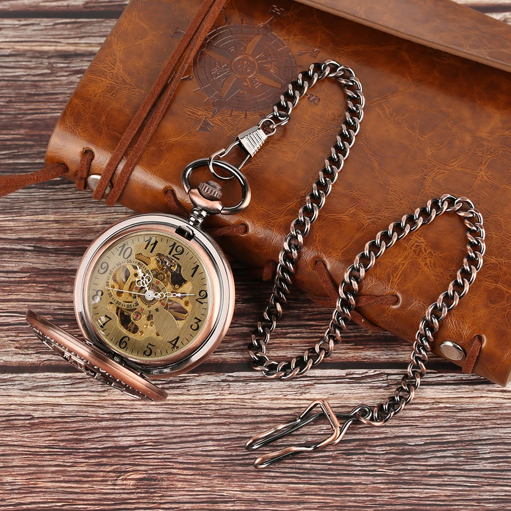 Red Copper Hollow Gearwheel Cover Hand Winding Mechaincal Pocket Watch With 30cm Chain Skeleton Dial Men Watches Clock Gifts