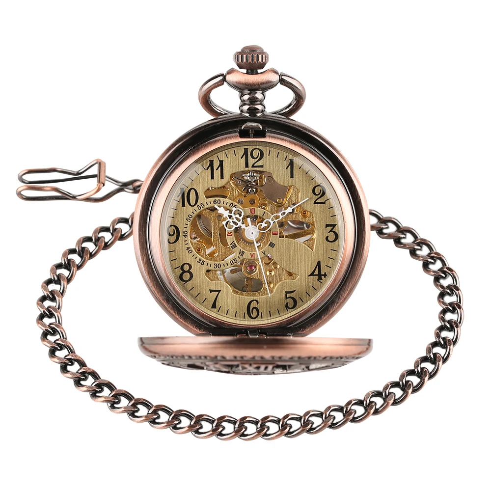 Red Copper Hollow Gearwheel Cover Hand Winding Mechaincal Pocket Watch With 30cm Chain Skeleton Dial Men Watches Clock Gifts
