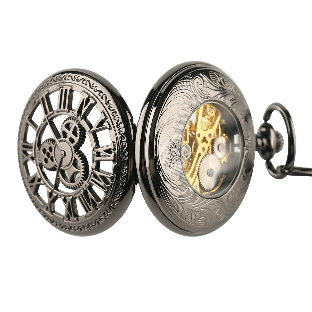 Red Copper Hollow Gearwheel Cover Hand Winding Mechaincal Pocket Watch With 30cm Chain Skeleton Dial Men Watches Clock Gifts