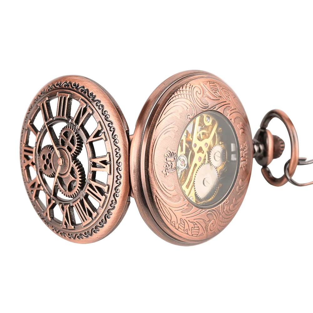 Red Copper Hollow Gearwheel Cover Hand Winding Mechaincal Pocket Watch With 30cm Chain Skeleton Dial Men Watches Clock Gifts