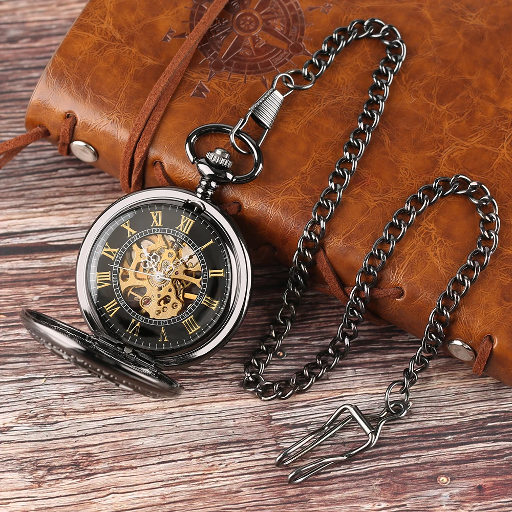 Red Copper Hollow Gearwheel Cover Hand Winding Mechaincal Pocket Watch With 30cm Chain Skeleton Dial Men Watches Clock Gifts