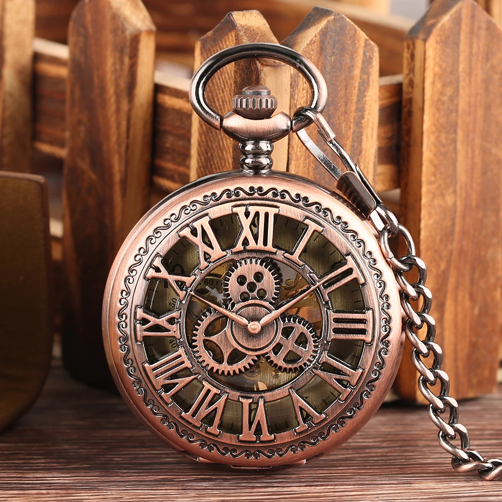 Red Copper Hollow Gearwheel Cover Hand Winding Mechaincal Pocket Watch With 30cm Chain Skeleton Dial Men Watches Clock Gifts