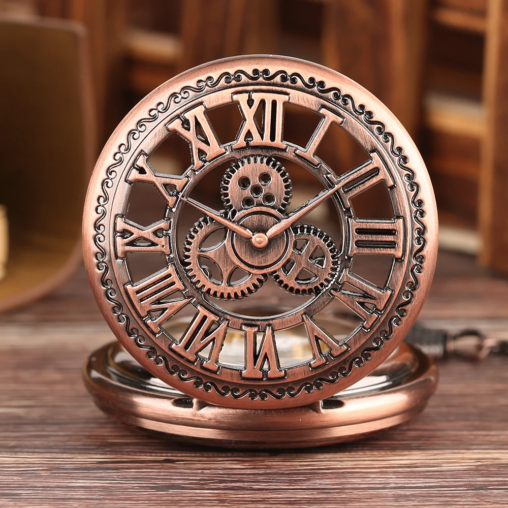 Red Copper Hollow Gearwheel Cover Hand Winding Mechaincal Pocket Watch With 30cm Chain Skeleton Dial Men Watches Clock Gifts