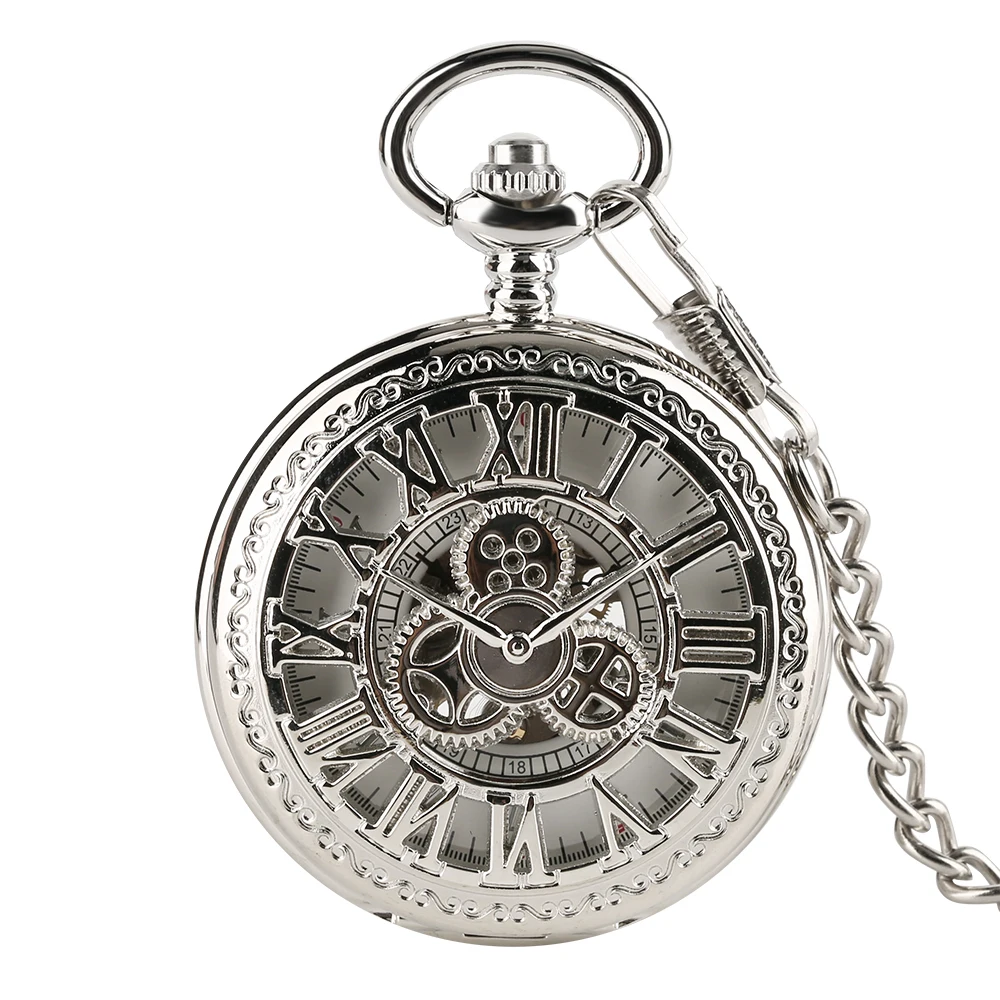 Red Copper Hollow Gearwheel Cover Hand Winding Mechaincal Pocket Watch With 30cm Chain Skeleton Dial Men Watches Clock Gifts
