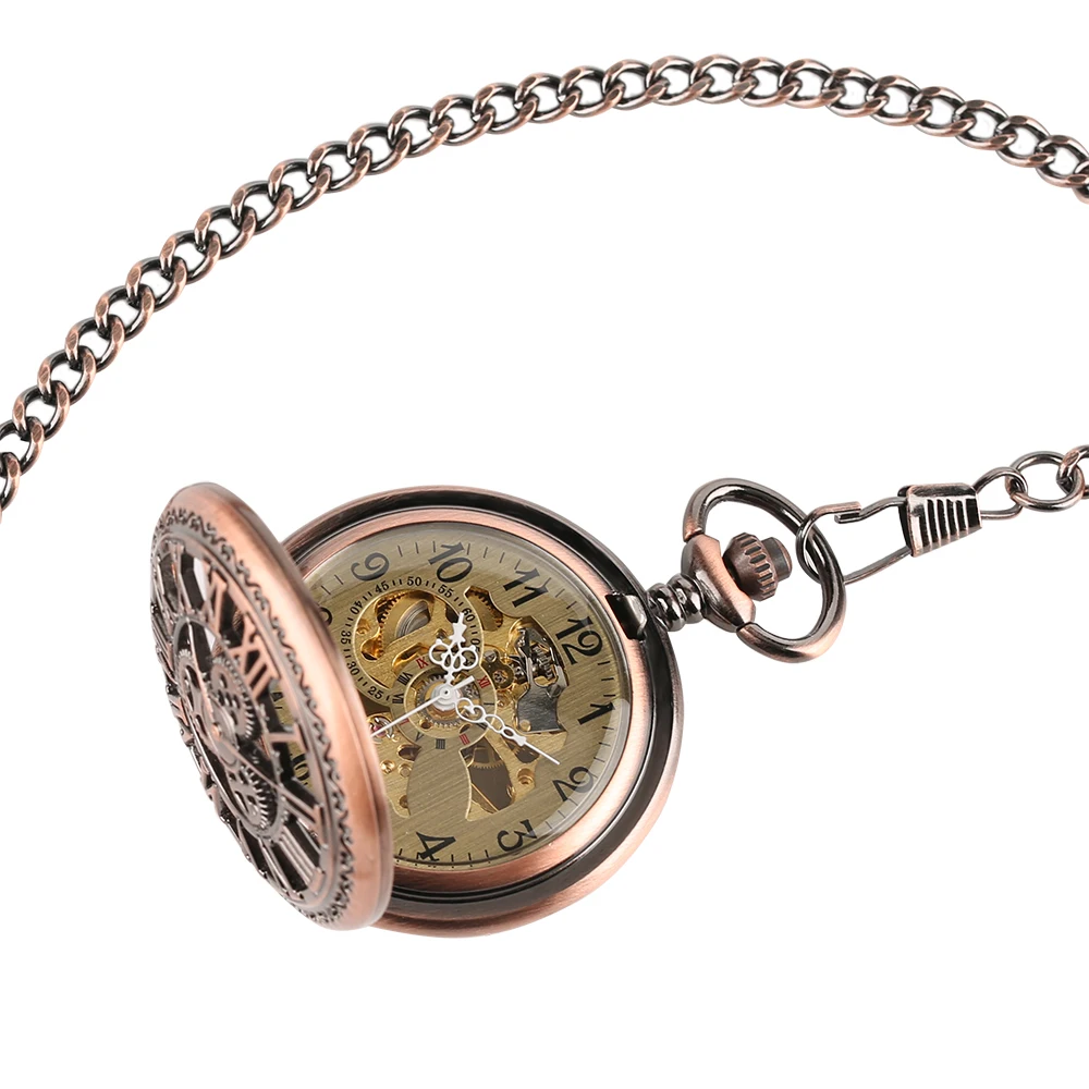 Red Copper Hollow Gearwheel Cover Hand Winding Mechaincal Pocket Watch With 30cm Chain Skeleton Dial Men Watches Clock Gifts