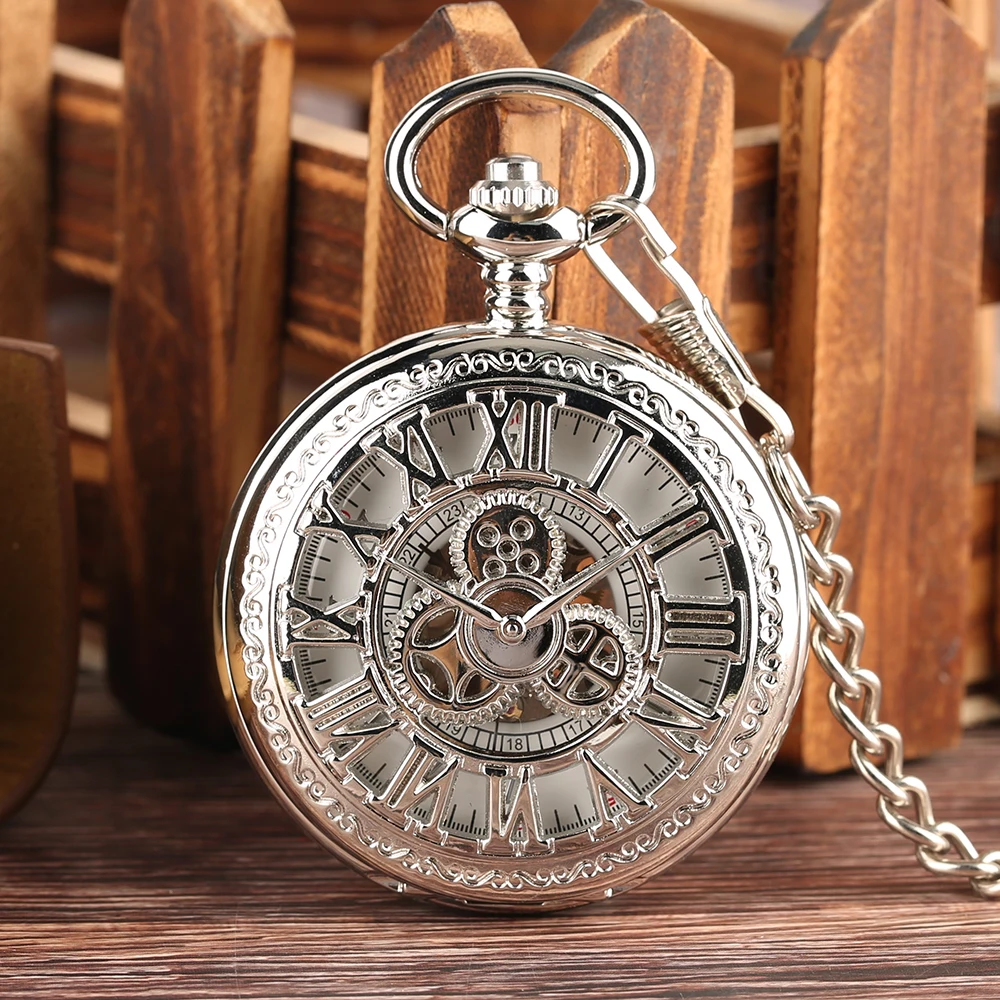 Red Copper Hollow Gearwheel Cover Hand Winding Mechaincal Pocket Watch With 30cm Chain Skeleton Dial Men Watches Clock Gifts