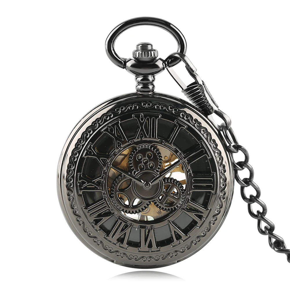 Red Copper Hollow Gearwheel Cover Hand Winding Mechaincal Pocket Watch With 30cm Chain Skeleton Dial Men Watches Clock Gifts