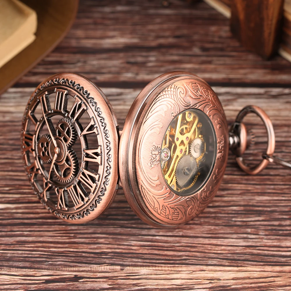 Red Copper Hollow Gearwheel Cover Hand Winding Mechaincal Pocket Watch With 30cm Chain Skeleton Dial Men Watches Clock Gifts