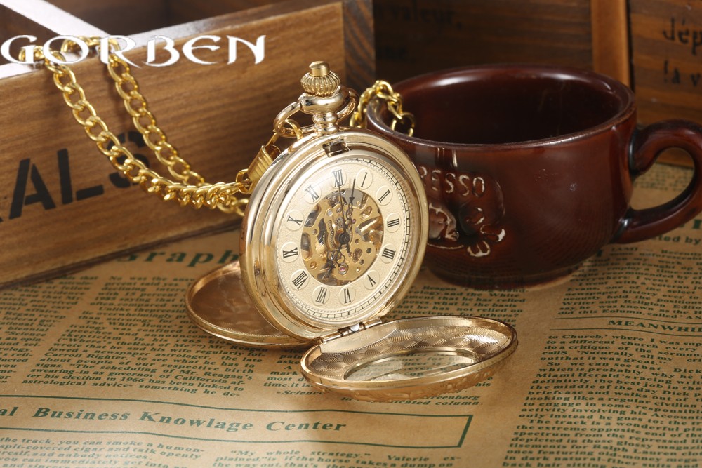 Luxury Gold Steampunk Pocket FOB Watches Chain engraving 2 Sides Open Case Hand Wind Mechanical Pocket Watches Relogio De Bolso