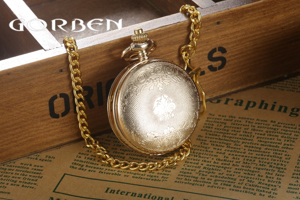 Luxury Gold Steampunk Pocket FOB Watches Chain engraving 2 Sides Open Case Hand Wind Mechanical Pocket Watches Relogio De Bolso