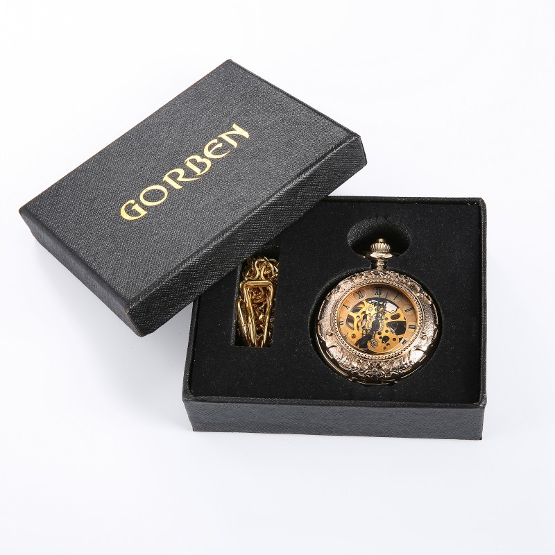 Luxury Gold Steampunk Pocket FOB Watches Chain engraving 2 Sides Open Case Hand Wind Mechanical Pocket Watches Relogio De Bolso