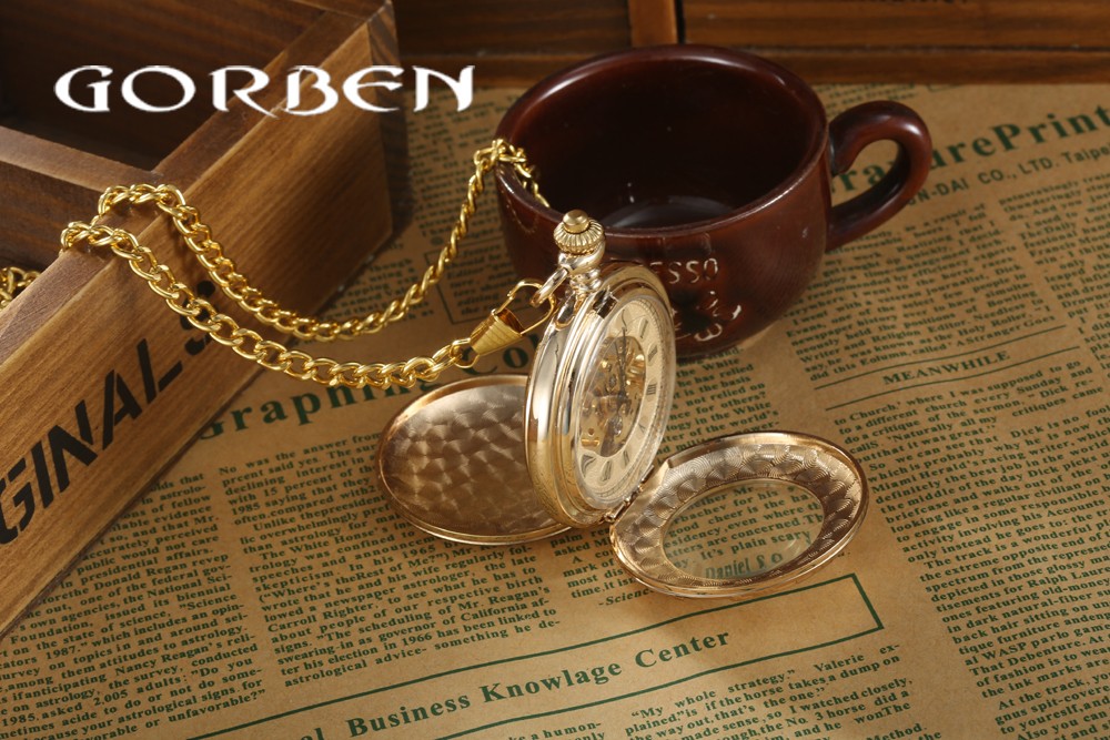 Luxury Gold Steampunk Pocket FOB Watches Chain engraving 2 Sides Open Case Hand Wind Mechanical Pocket Watches Relogio De Bolso