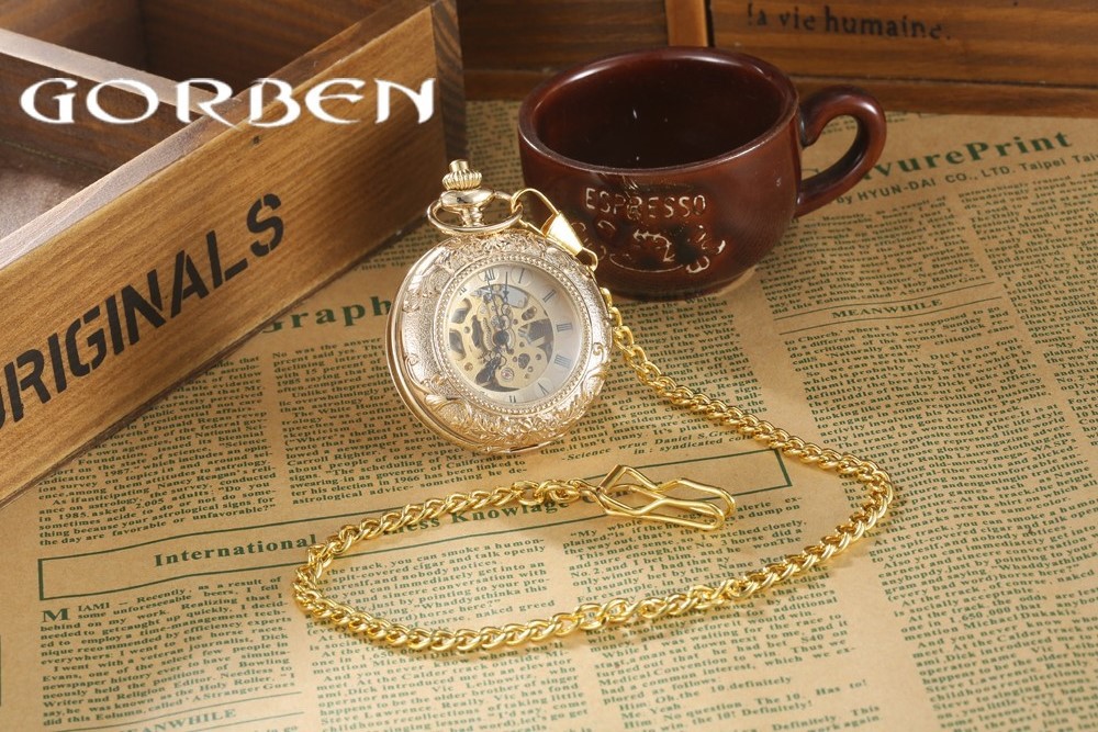 Luxury Gold Steampunk Pocket FOB Watches Chain engraving 2 Sides Open Case Hand Wind Mechanical Pocket Watches Relogio De Bolso