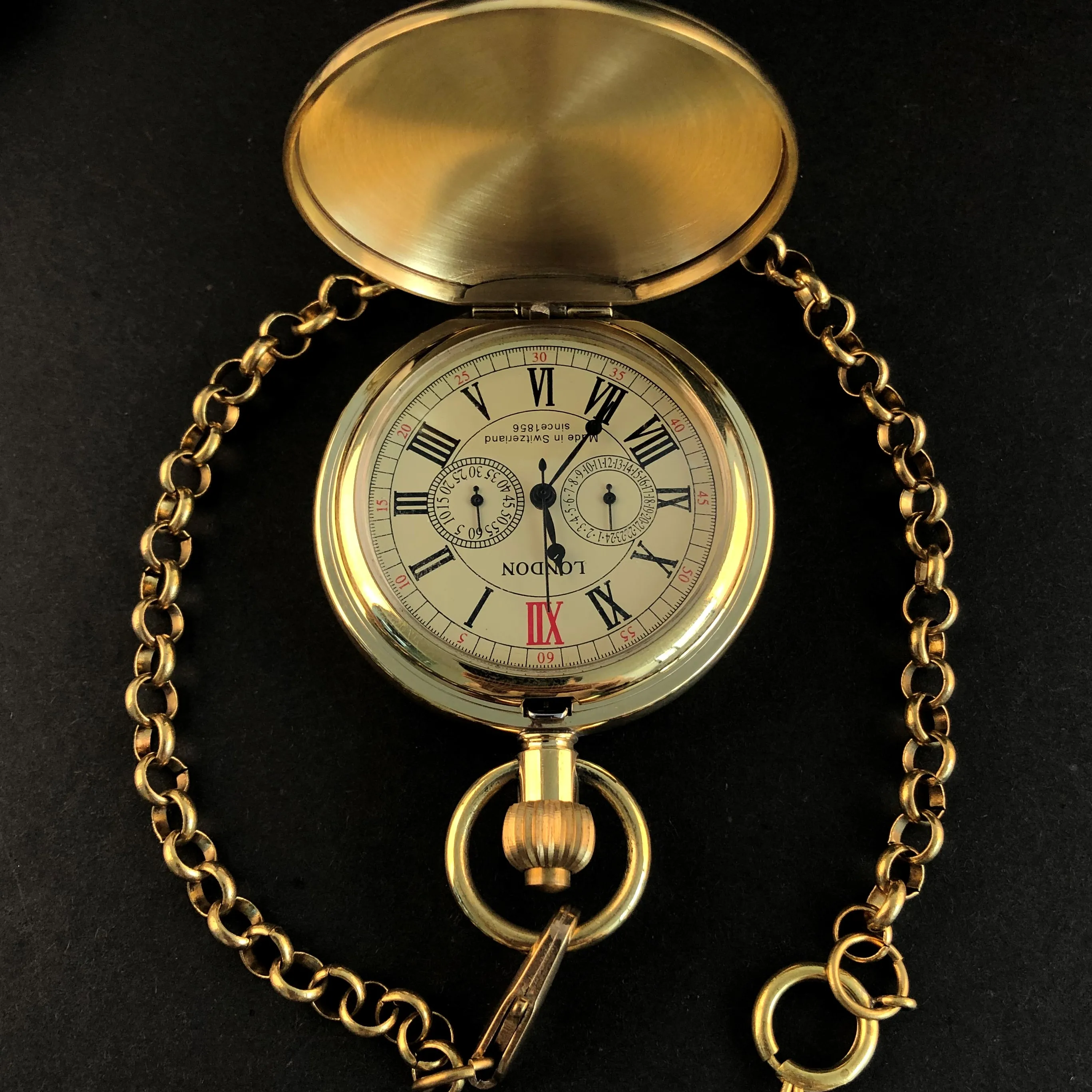 Vintage Brass London 1856's Antique 5 Hands Mechanical Pocket Watch Hand Winding Skeleton Mens Pocket & fob Watches 30cm Chain