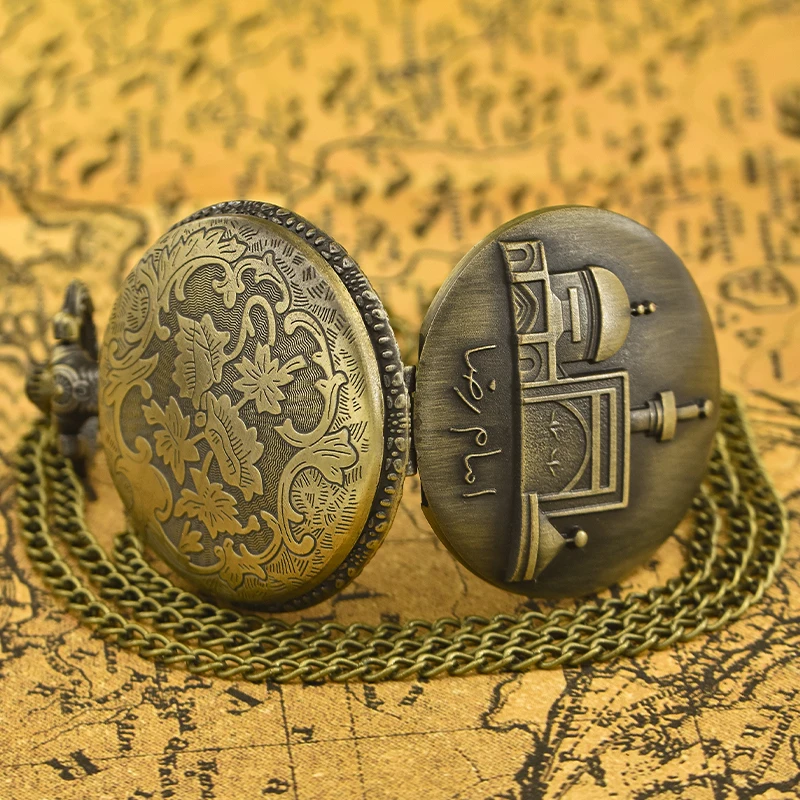 Vintage Bronze Clamshell Simple Carved Islamic Palace Necklace Quartz Pocket Watch Gift For Male And Female Students