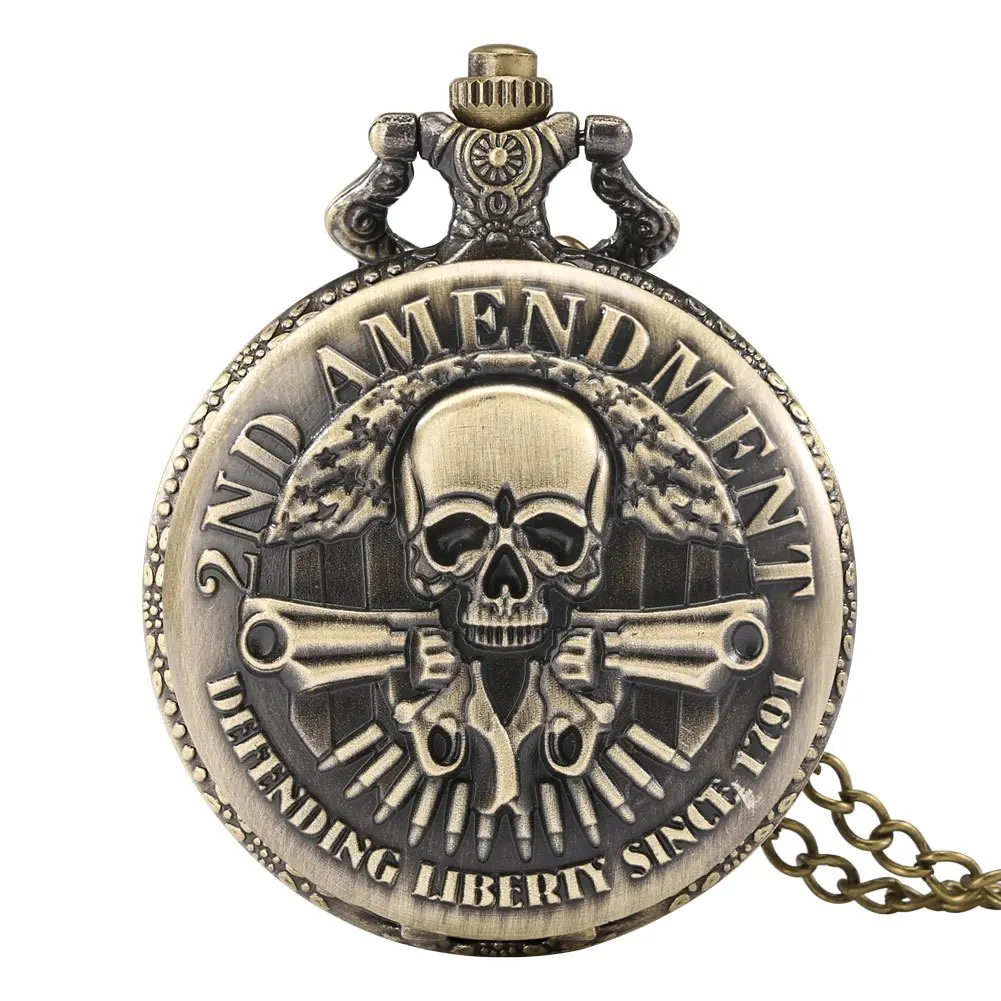 Vintage Bronze Gun Skull Defending Freedom Second Amendment Military Quartz Necklace Pocket Watch Pendant for Men Halloween Chri