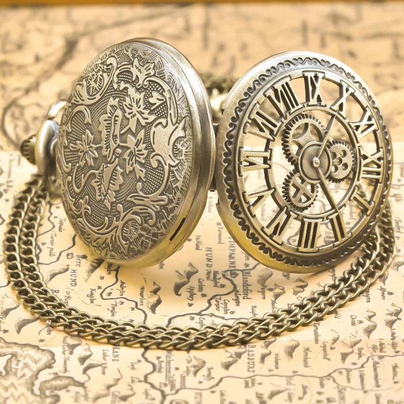 Vintage Bronze Steampunk Copper Cutout Gear Quartz Pocket Watch Necklace Pendant Clock Chain Men Women Chain Gift