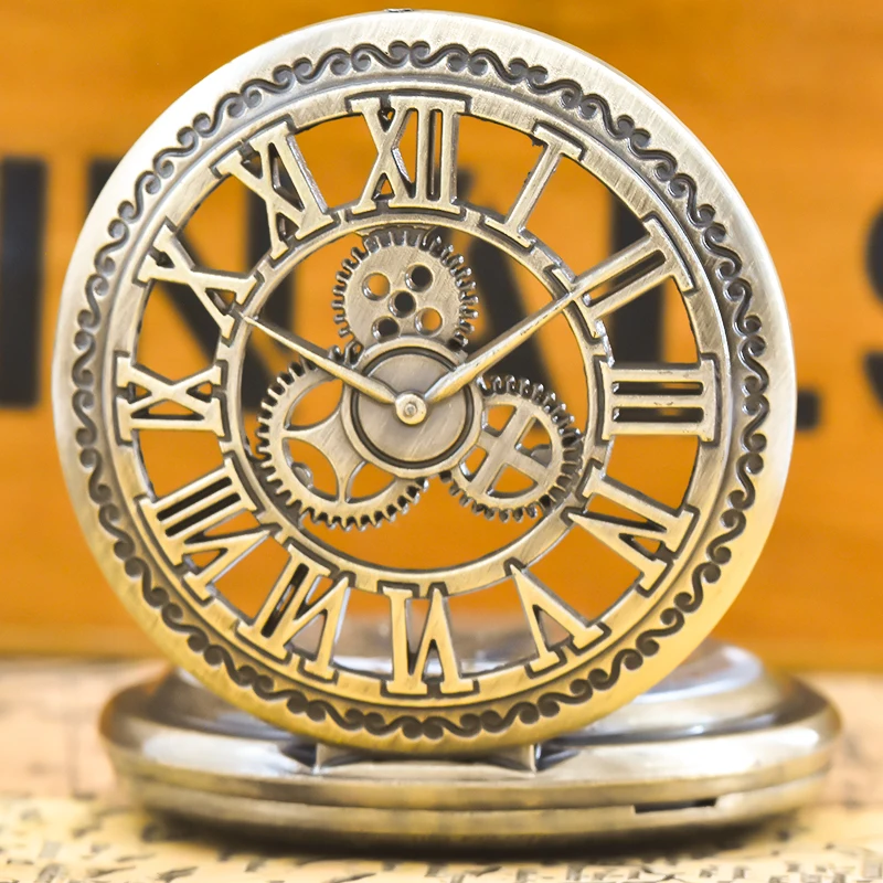 Vintage Bronze Steampunk Copper Cutout Gear Quartz Pocket Watch Necklace Pendant Clock Chain Men Women Chain Gift
