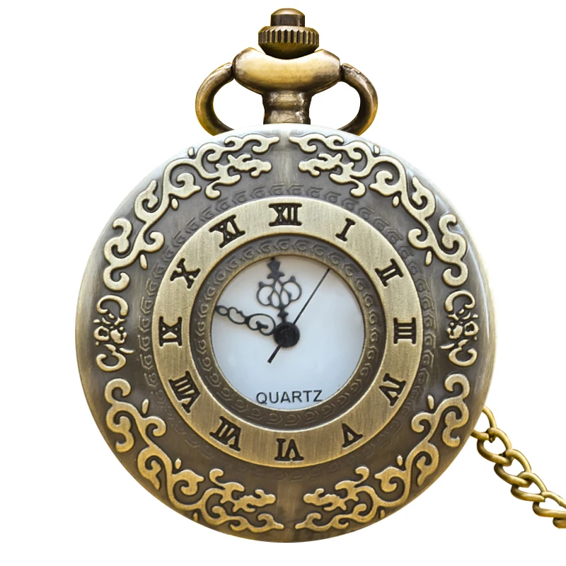 Vintage Glamour Bronze Unisex Fashion Roman Numerals Carved Quartz Steampunk Pocket Watch Women Men Necklace Pendant Chain Gift