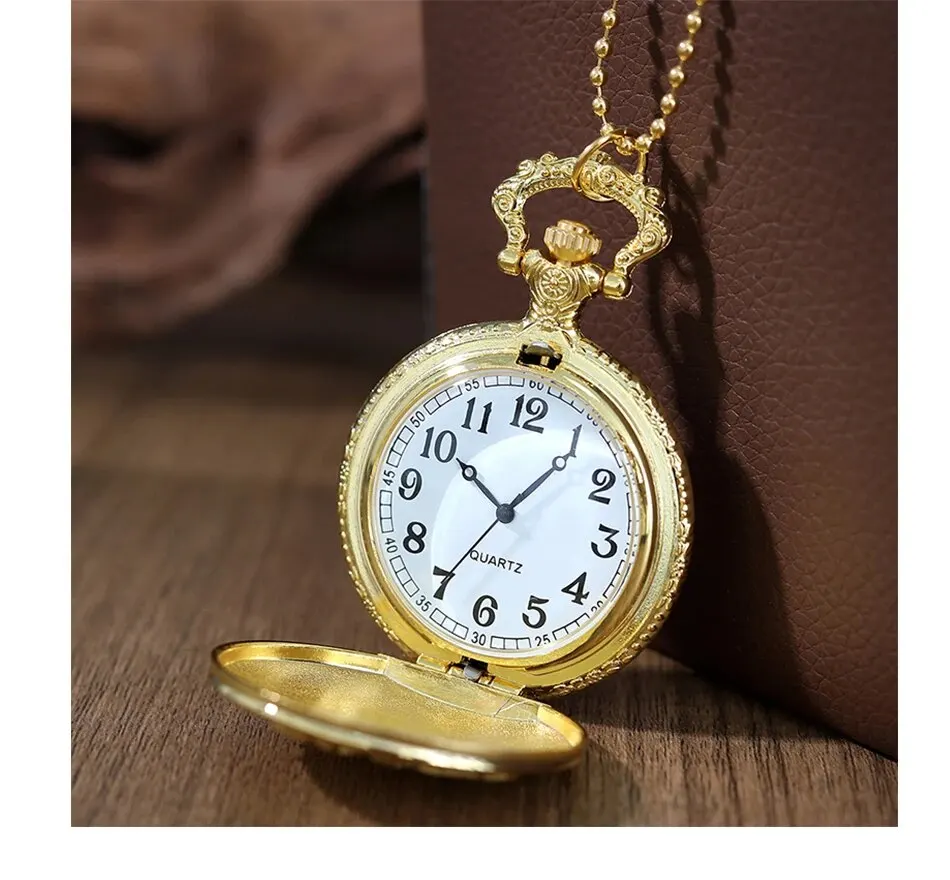 Luxury Gold Flower Quartz Pocket Watch Double-sided Printing Fashion Design Pendant Fob Watch Chain Gifts for Men