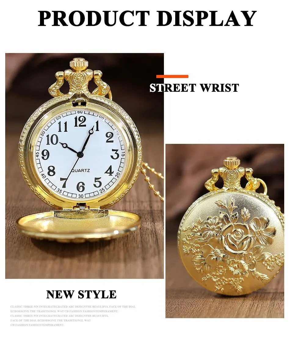 Luxury Gold Flower Quartz Pocket Watch Double-sided Printing Fashion Design Pendant Fob Watch Chain Gifts for Men