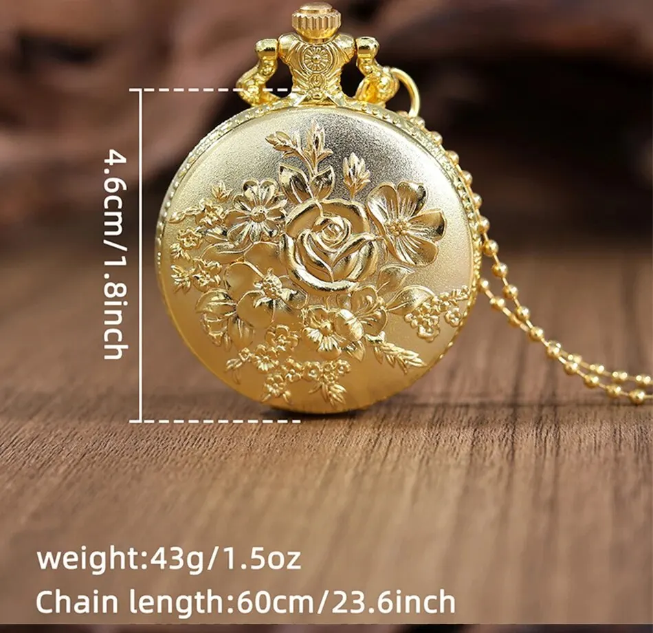 Luxury Gold Flower Quartz Pocket Watch Double-sided Printing Fashion Design Pendant Fob Watch Chain Gifts for Men