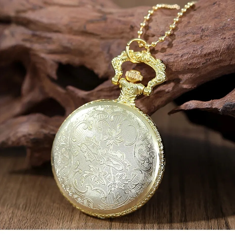 Luxury Gold Flower Quartz Pocket Watch Double-sided Printing Fashion Design Pendant Fob Watch Chain Gifts for Men