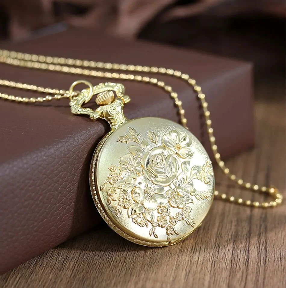 Luxury Gold Flower Quartz Pocket Watch Double-sided Printing Fashion Design Pendant Fob Watch Chain Gifts for Men