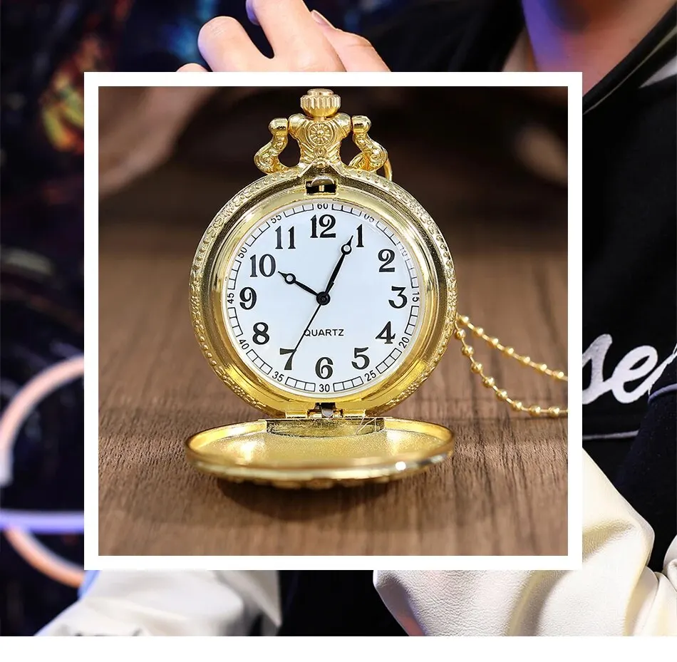 Luxury Gold Flower Quartz Pocket Watch Double-sided Printing Fashion Design Pendant Fob Watch Chain Gifts for Men
