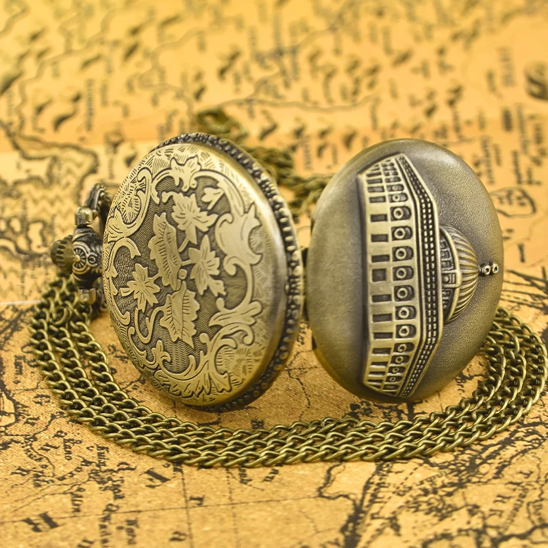 Vintage Bronze Clamshell Simple Carved Islamic Palace Necklace Quartz Pocket Watch Gift For Male And Female Students