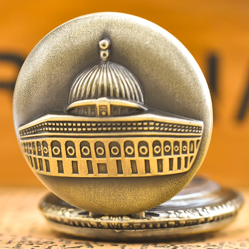 Vintage Bronze Clamshell Simple Carved Islamic Palace Necklace Quartz Pocket Watch Gift For Male And Female Students